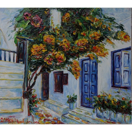 Obraz Olejny Santorini Pejzaż 90x80cm Malowany Szpachelką