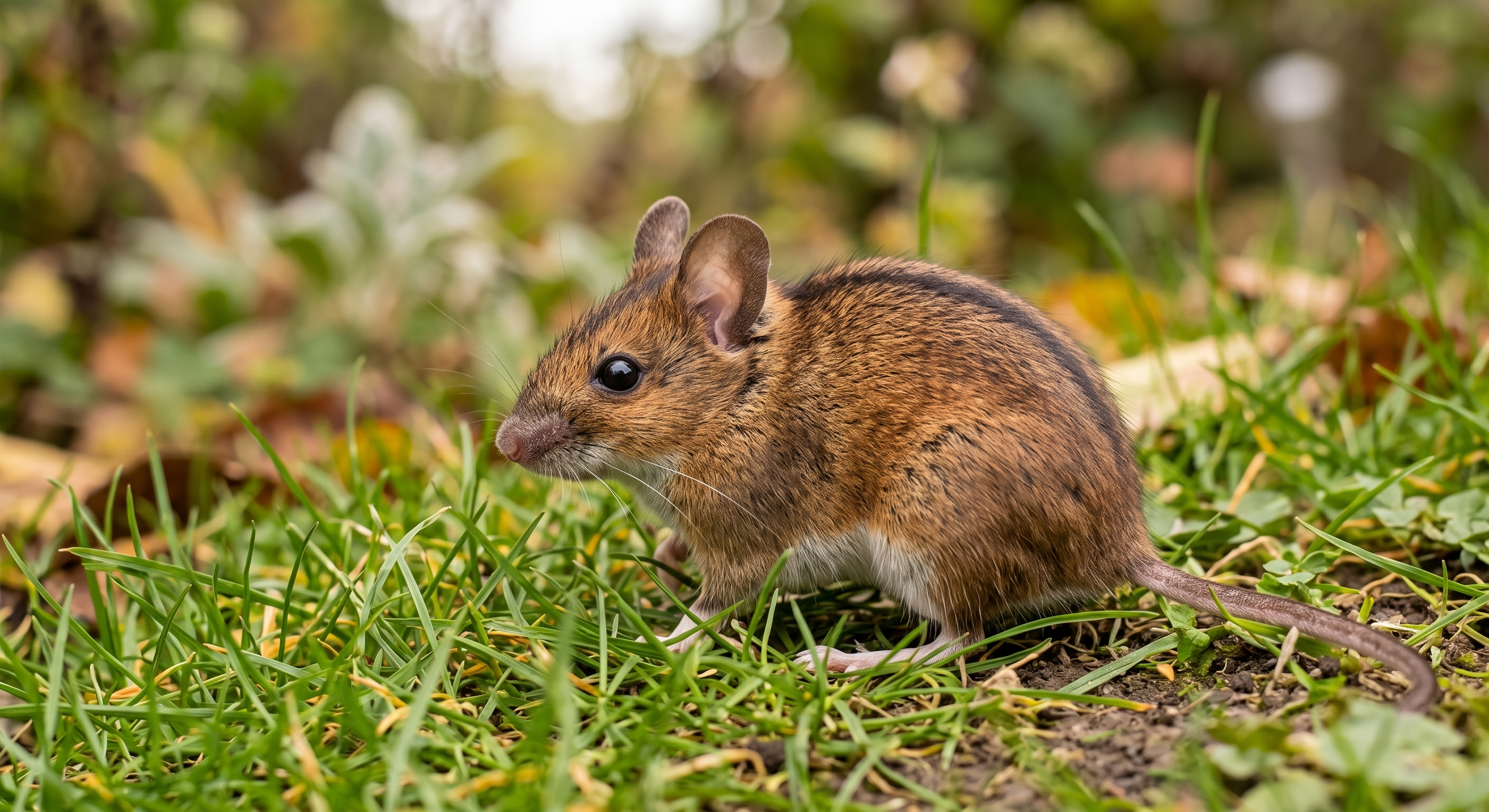 Myszarka polna (Apodemus agrarius) w jesiennym ogrodzie Zbliżenie na mysz polną (myszarka polna) z charakterystyczną ciemną pręgą na grzbiecie, siedzącą w trawie w ogrodzie jesienią.