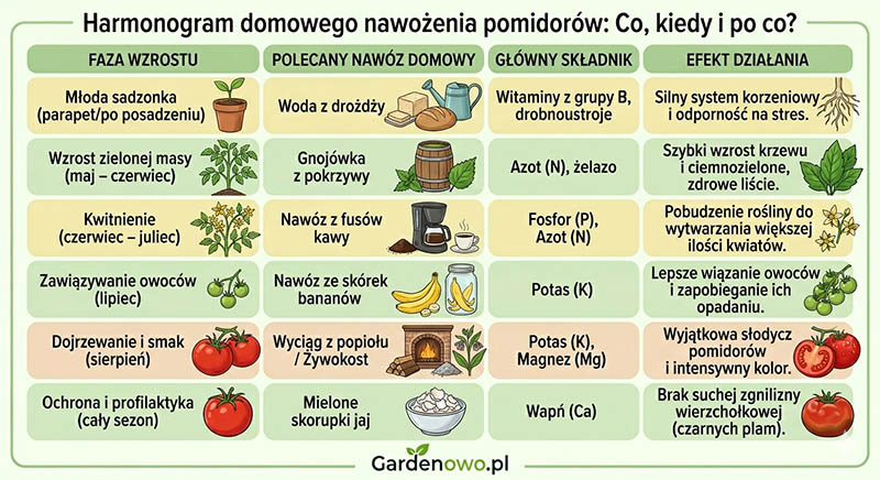 Harmonogram domowego nawożenia pomidorów nawozami domowymi tabela Gardenowo Harmonogram domowego nawożenia pomidorów nawozami domowymi tabela Gardenowo