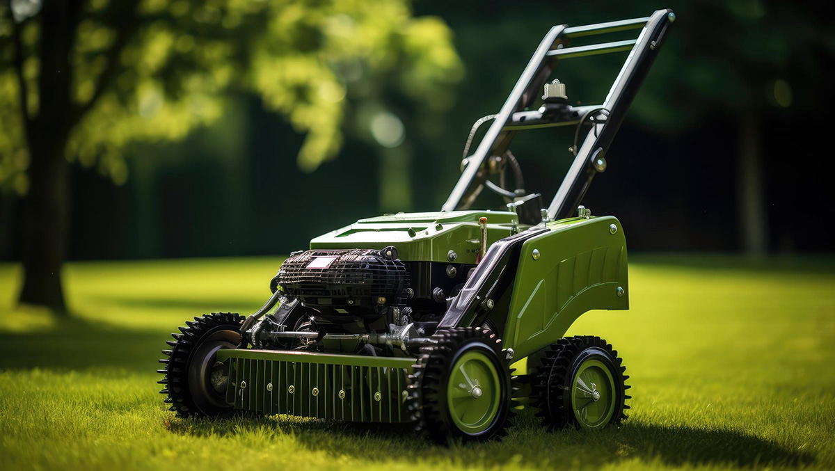 aerator na kolkach aerator na kolkach do trawy na pieknym zielonym trawniku wsrod promieni slonca