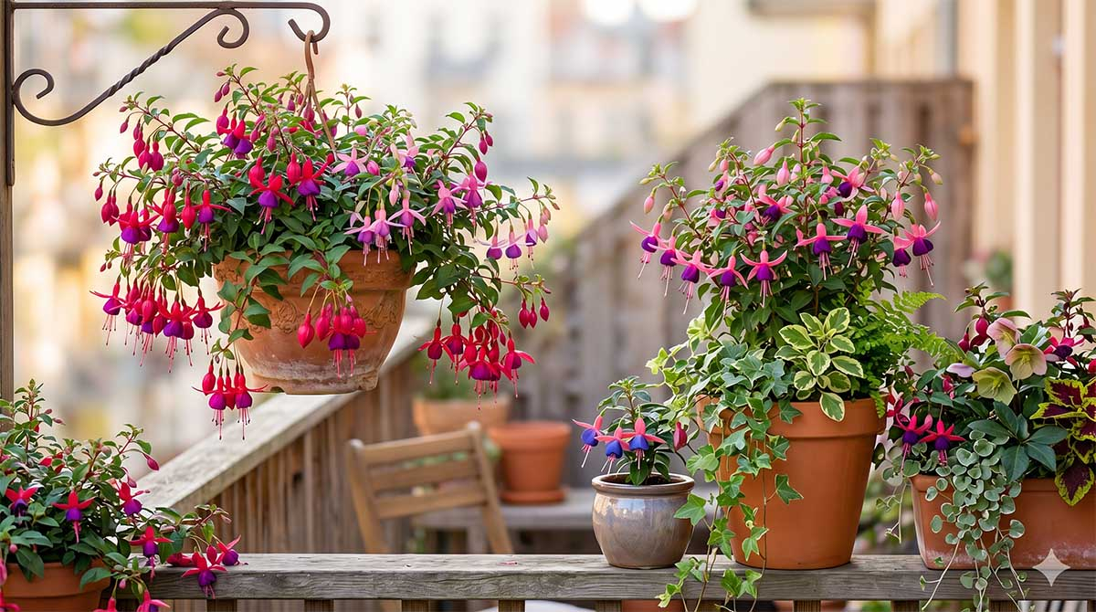 Inspirujące aranżacje i kompozycje z fuksją w doniczkach na balkonie Pięknie urządzony balkon w półcieniu z obficie kwitnącymi fuksjami w wiszącym koszu oraz terakotowych donicach w kompozycji z zielonym bluszczem.