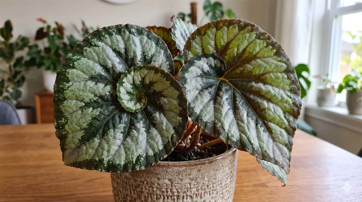 Niezwykła Begonia 'Escargot' o spiralnych liściach Zbliżenie na unikalną Begonię Rex odmiany 'Escargot' z charakterystycznymi spiralnymi liśćmi w odcieniach zieleni i srebra, posadzoną w szarej ceramicznej doniczce na drewnianym blacie.