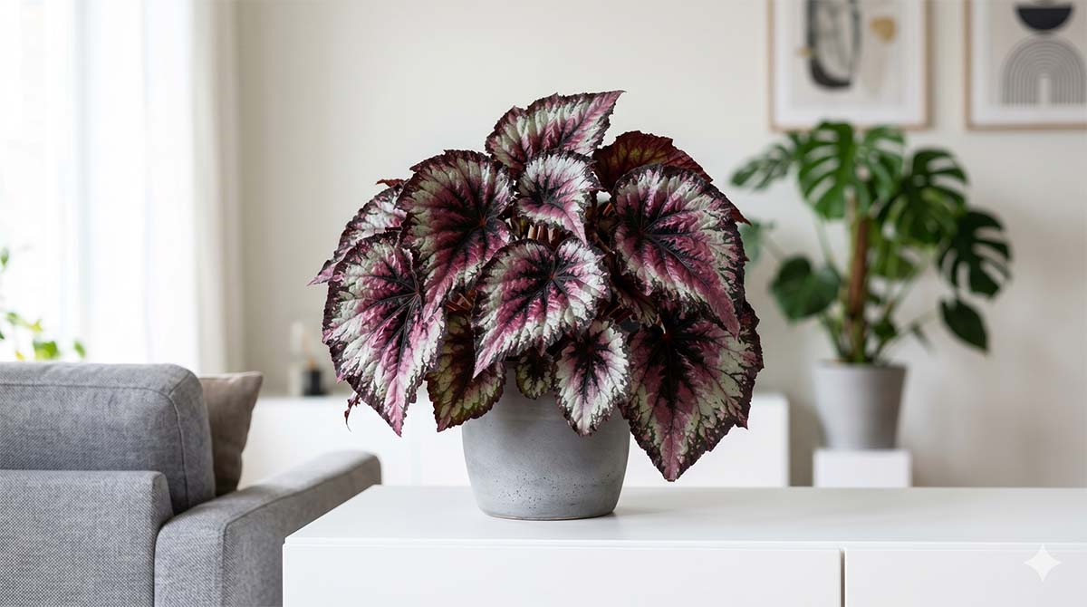 Piękna Begonia Rex jako dekoracja wnętrza - inspiracja do salonu Begonia królewska Rex o ozdobnych różowo-srebrnych liściach stojąca w doniczce w nowoczesnym salonie