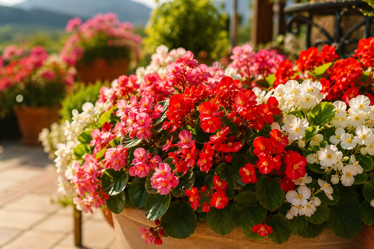 Begonia stale kwitnąca na balkon i taras Begonia stale kwitnąca w donicy na tarasie obsypana czerwonymi, różowymi i białymi kwiatami