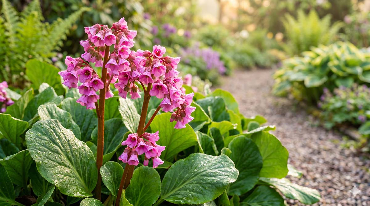 Kwitnąca bergenia sercowata o różowych kwiatach i dużych, zielonych liściach pokrytych kroplami rosy w wiosennym ogrodzie. W tle widać żwirową ścieżkę i paprocie w świetle złotej godziny