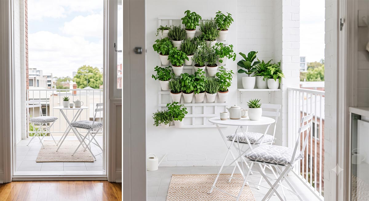 Jasny, minimalistyczny balkon z pionowym ogrodem ziołowym Jasny i minimalistyczny mały balkon w stylu skandynawskim z białymi meblami składanymi, poduszkami w geometryczne wzory oraz zielonym ogrodem wertykalnym na ściennej barierce.