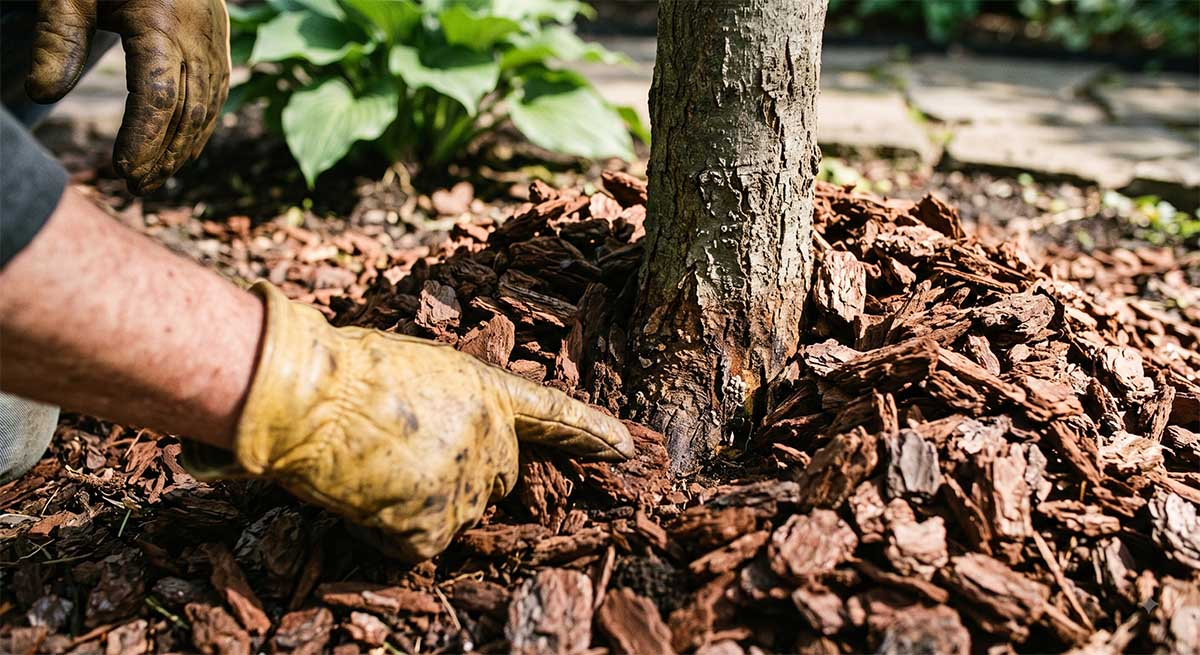 Kopczyk kory sosnowej usypany zbyt wysoko i bezpośrednio przy pniu młodego drzewa (błąd)