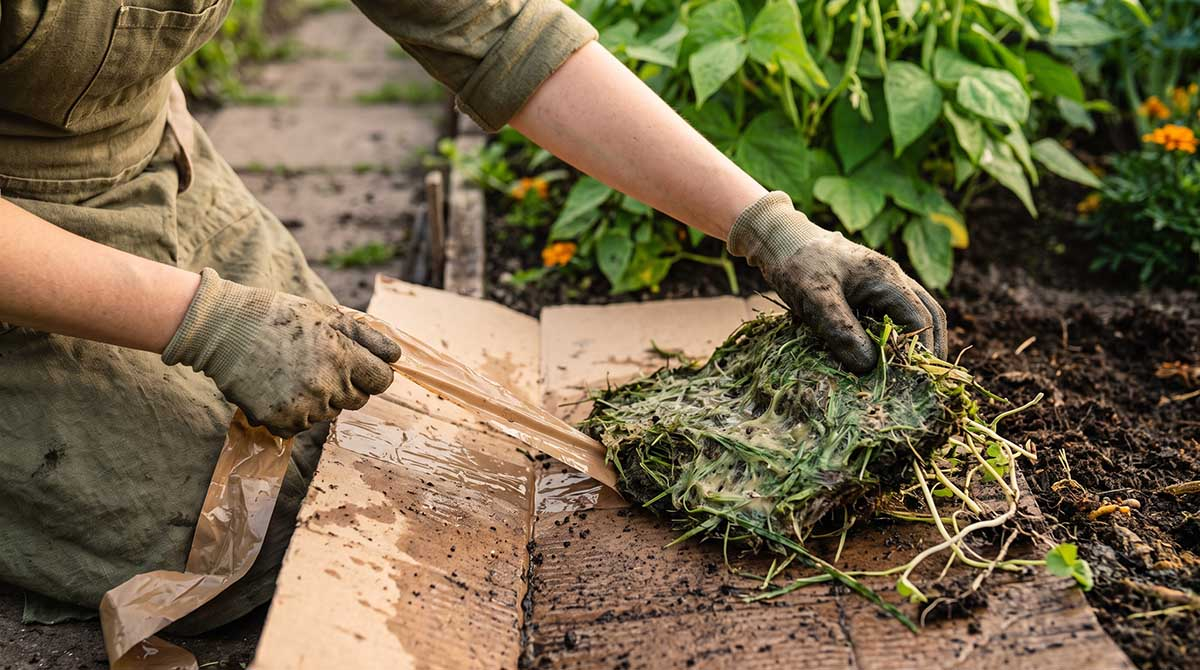 Najczęstsze błędy przy ściółkowaniu azjatyckim Usuwanie plastikowej taśmy z kartonu do ściółkowania azjatyckiego na rabacie