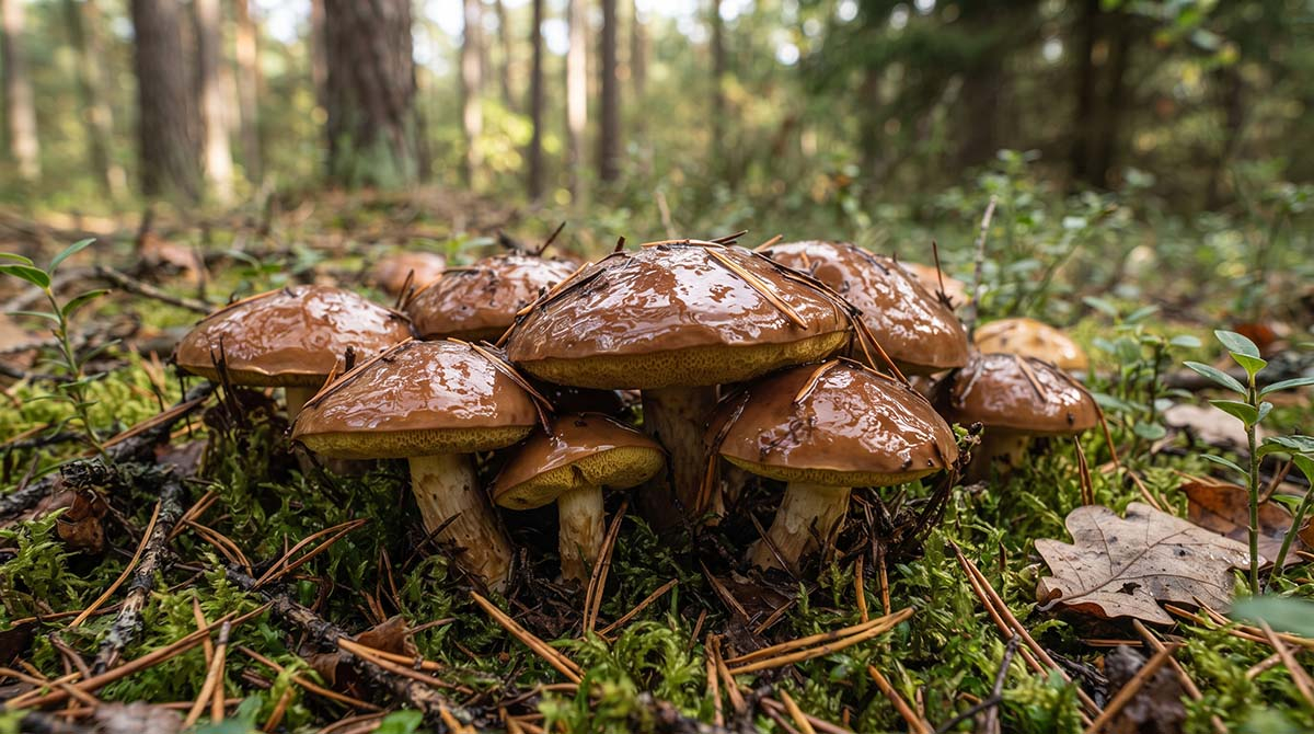 Maślaki w naturalnym środowisku - leśne runo z grzybami. Zbliżenie na grupę świeżych, lśniących kapeluszy maślaków rosnących w zielonym mchu i ściółce leśnej.