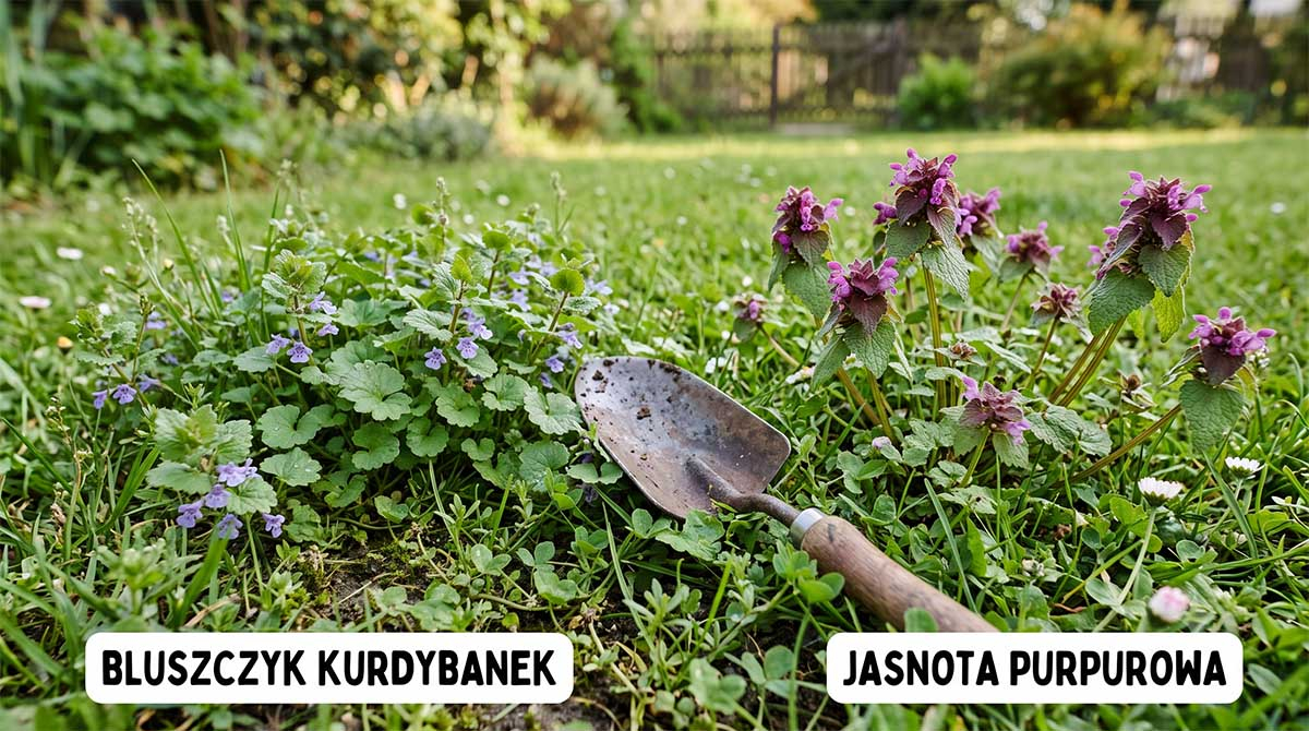 Porównanie dwóch roślin: bluszczyk kurdybanek z okrągłymi, ząbkowanymi liśćmi po lewej stronie oraz jasnota purpurowa z ciemnoróżowymi liśćmi wierzchołkowymi po prawej stronie.
