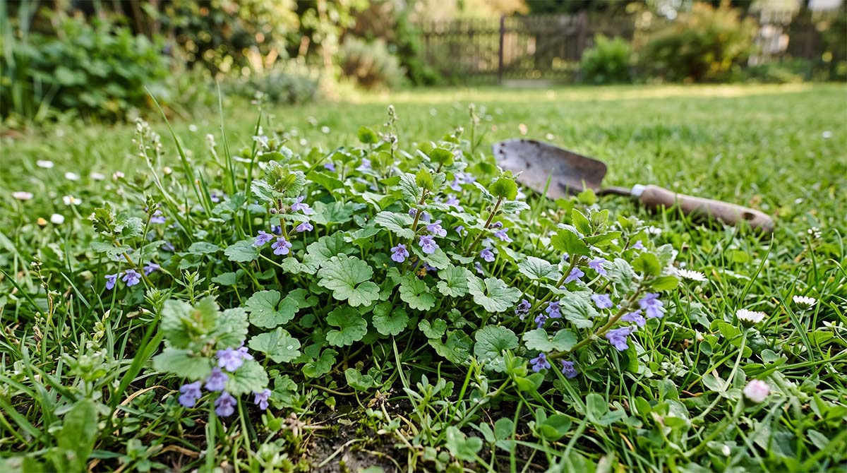 Rozrośnięta kępa bluszczyku kurdybanka z fioletowymi kwiatami na zielonym trawniku w ogrodzie, obok leży stara łopatka ogrodowa.