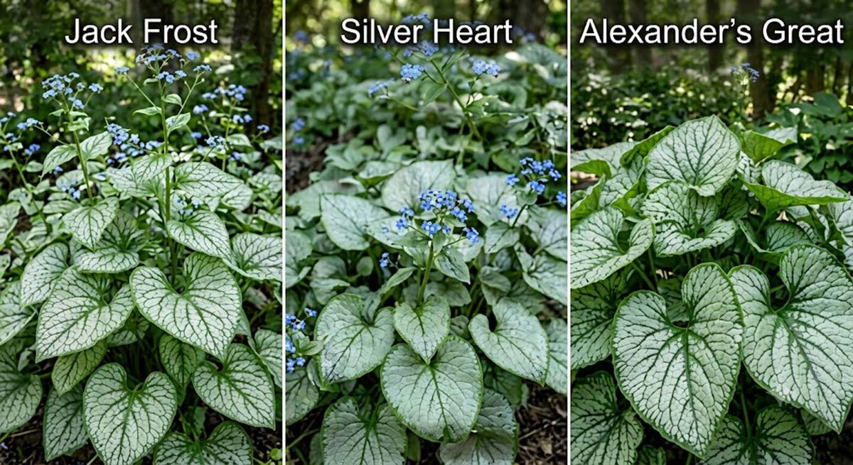 Kolaż prezentujący trzy odmiany brunery wielkolistnej do cienia: Jack Frost, Silver Heart oraz olbrzymią Alexander's Great, z widocznymi błękitnymi kwiatami.