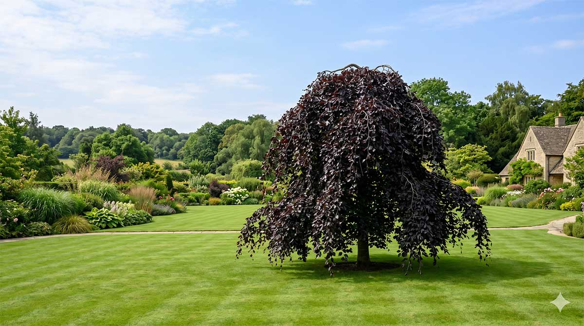 Luksusowy, formalny ogród angielski z dużym bukiem pospolitym w odmianie płaczącej (Fagus sylvatica 'Purpurea Pendula') o ciemnopurpurowych liściach, rosnącym jako soliter na środku idealnie przystrzyżonego, pasiastego trawnika. W tle, skąpanym w słońcu, gęsta rabata bylinowa i tradycyjny dom z jasnego kamienia wapiennego.