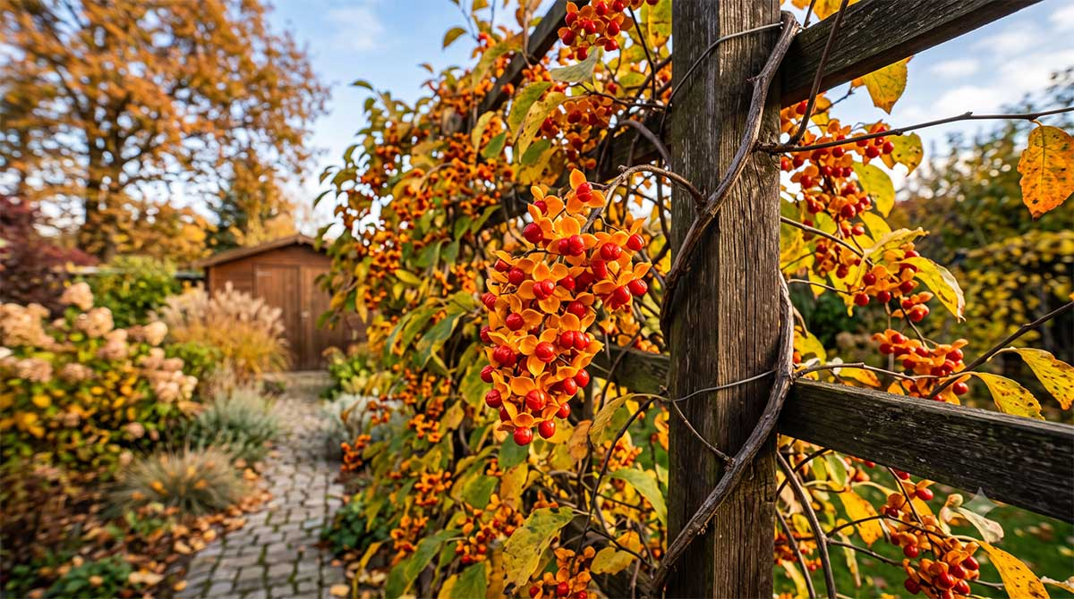 Zbliżenie na pomarańczowo-czerwone owoce dławisza okrągłolistnego (Celastrus orbiculatus) owiniętego wokół drewnianej pergoli w jesiennym ogrodzie, w tle rozmyta ścieżka i drzewa.