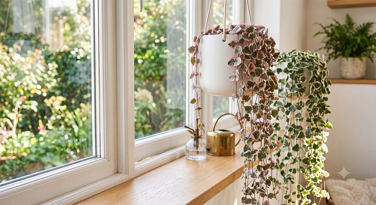 Idealne stanowisko dla Ceropegii woodii Variegata Zdjęcie zdrowej Ceropegia woodii 'Variegata' stojącej na białym parapecie wschodniego okna, wybarwionej na różowo-kremowo dzięki dostępowi do jasnego, rozproszonego słońca.