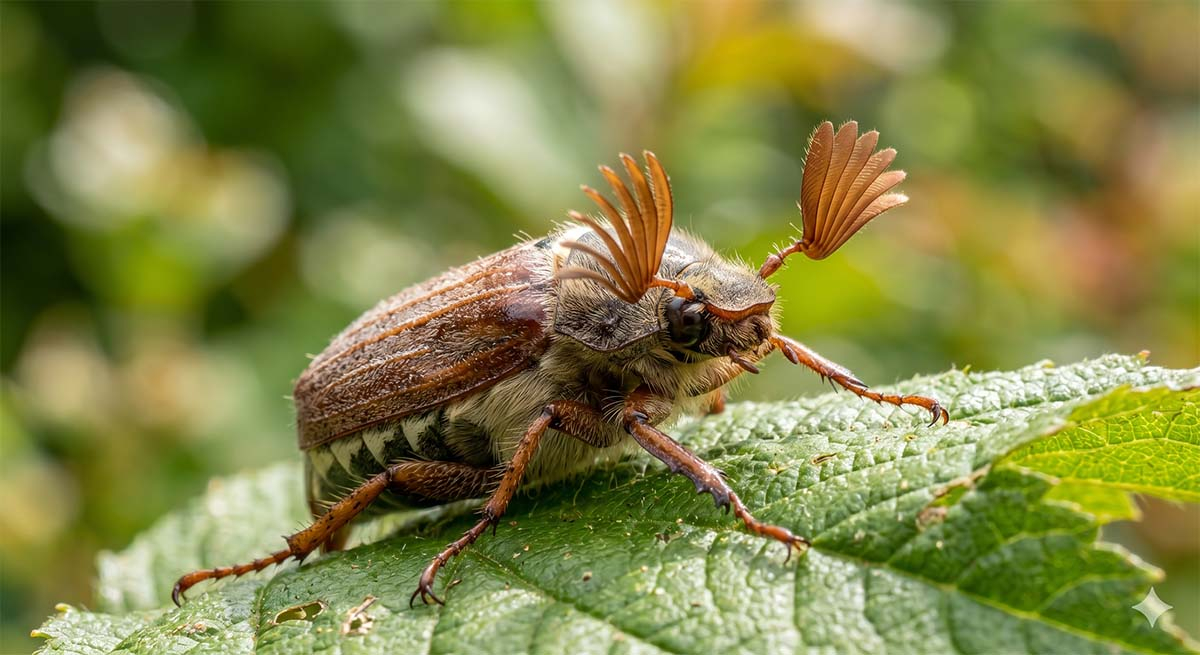 Ekstremalne zbliżenie makro na chrabąszcza majowego (Melolontha melolontha) siedzącego na zielonym liściu. Zdjęcie podkreśla unikalne, wachlarzowate czułki owada oraz szczegółową teksturę jego brązowych pokryw skrzydeł na tle miękkiego, słonecznego ogrodu.