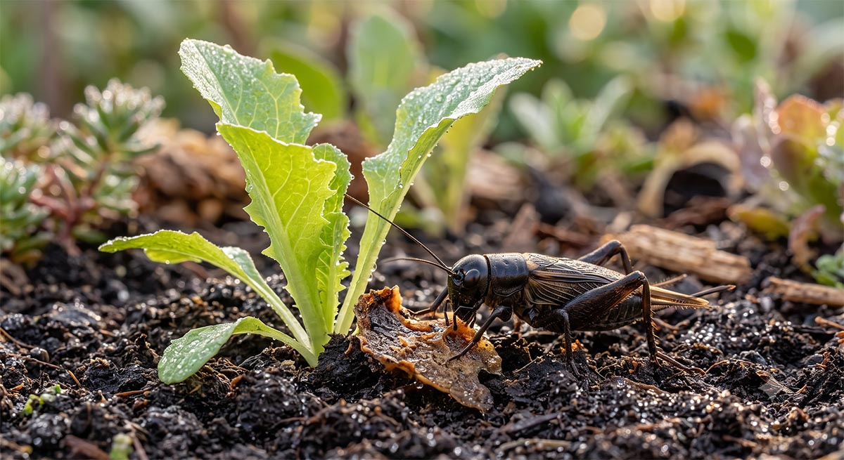 Czarny świerszcz polny na ziemi w ogrodzie warzywnym, obok młodej sadzonki sałaty i rozkładającej się materii organicznej.