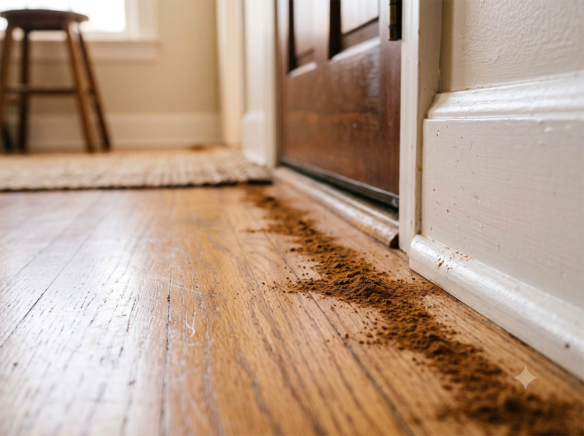 Sposób na mrówki - cynamon przy listwie Linia z mielonego cynamonu rozsypana jako domowy sposób na mrówki przy drewnianej listwie przypodłogowej