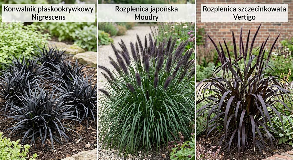 Kolaż trzech czarnych traw ozdobnych: Konwalnik płaskookrywkowy Nigrescens, Rozplenica japońska Moudry oraz Rozplenica szczecinkowata Vertigo w ogrodzie.