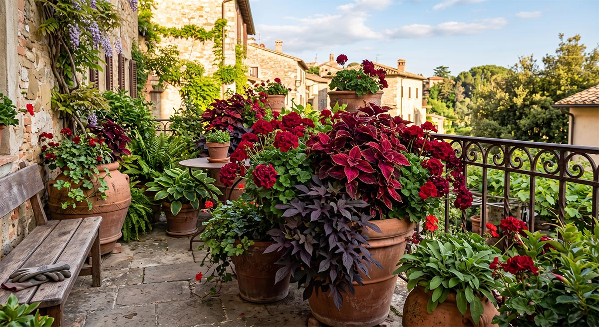 Słoneczny balkon ozdobiony donicami z bujnymi, czerwonymi pelargoniami, bordowym koleusem oraz purpurowym wilcem ziemniaczanym.