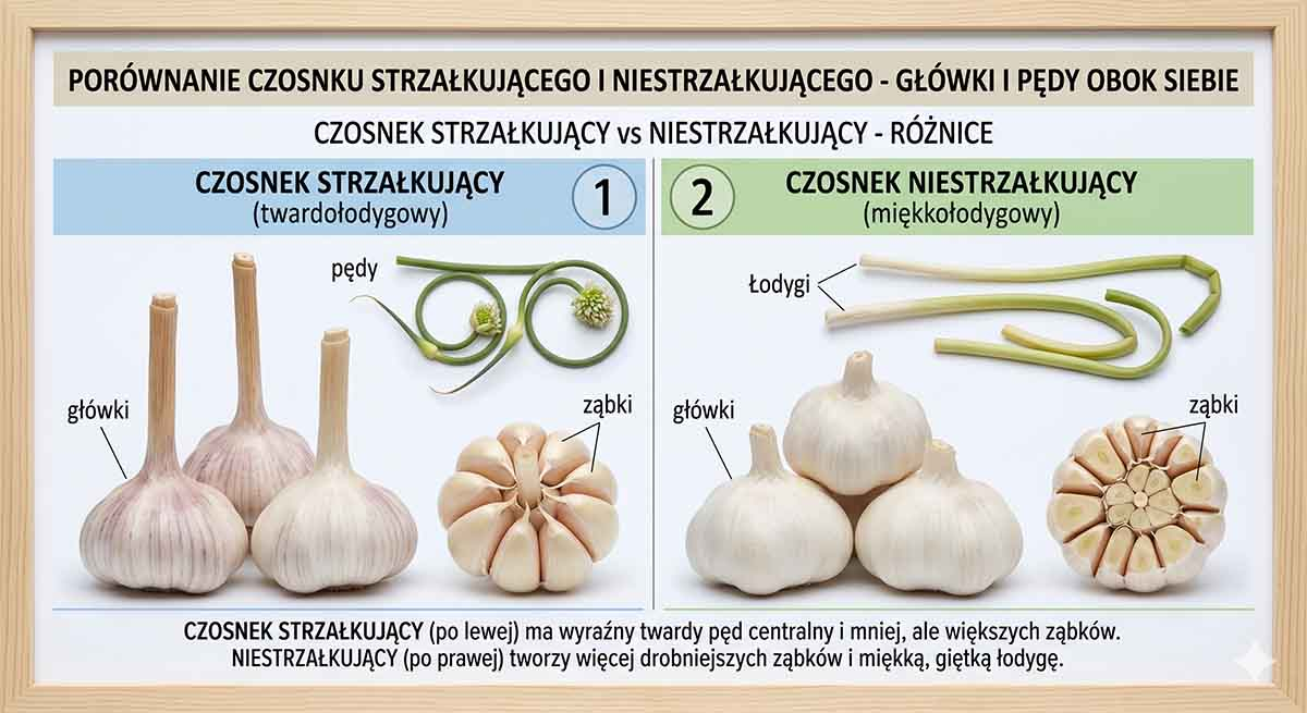 Porównanie czosnku strzałkującego i niestrzałkującego &mdash; główki i pędy obok siebie