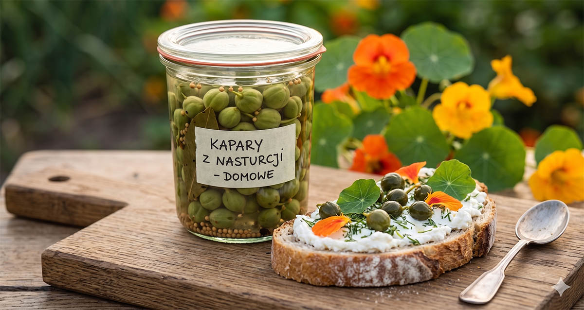Słoik domowych kaparów z nasturcji ze spersonalizowaną etykietą, stojący na drewnianej desce obok kanapki z twarogiem i świeżymi ziołami.