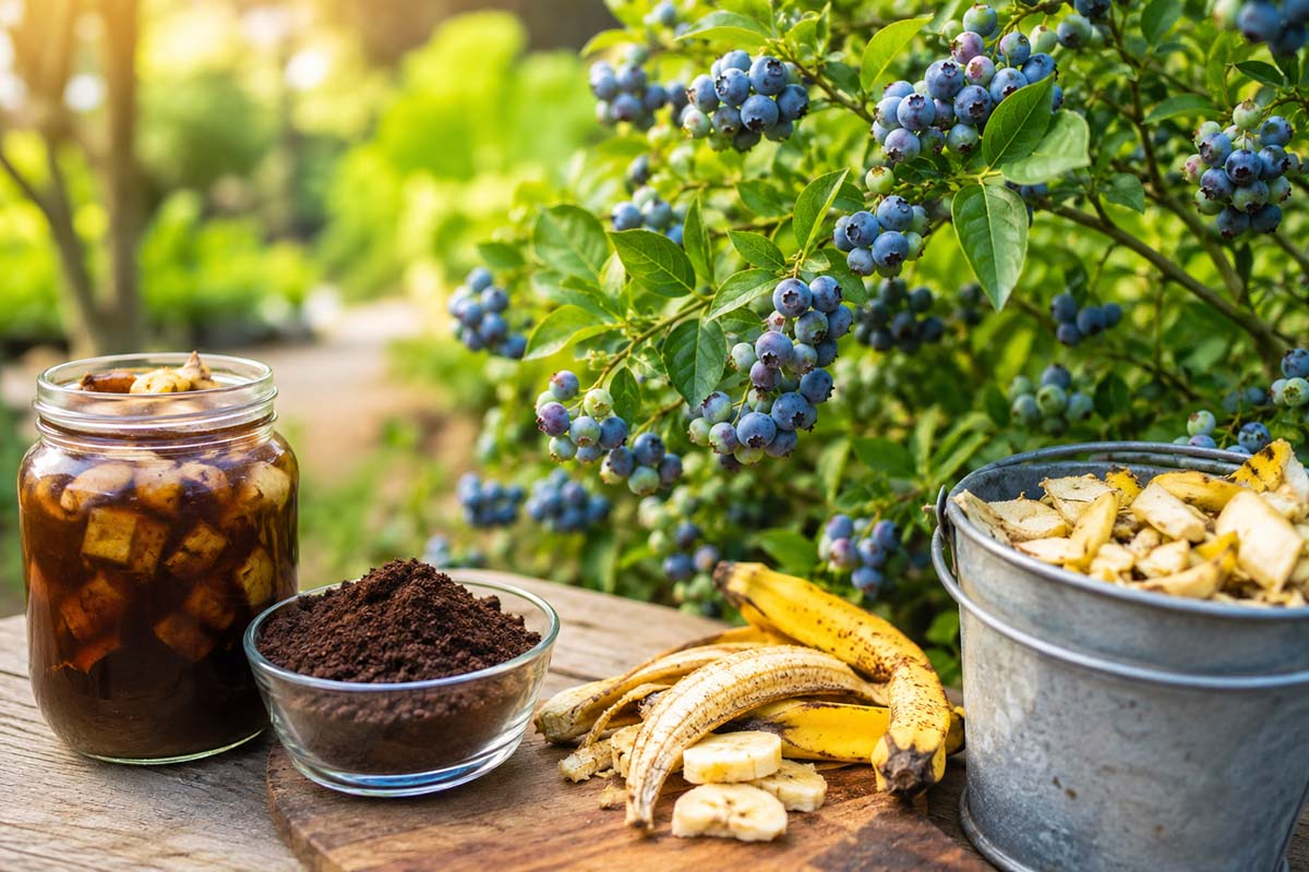 Domowe nawożenie borówki amerykańskiej naturalnymi odpadkami kuchennymi Domowy nawóz do borówki amerykańskiej z fusów kawy i skórek banana przy krzewie pełnym owoców