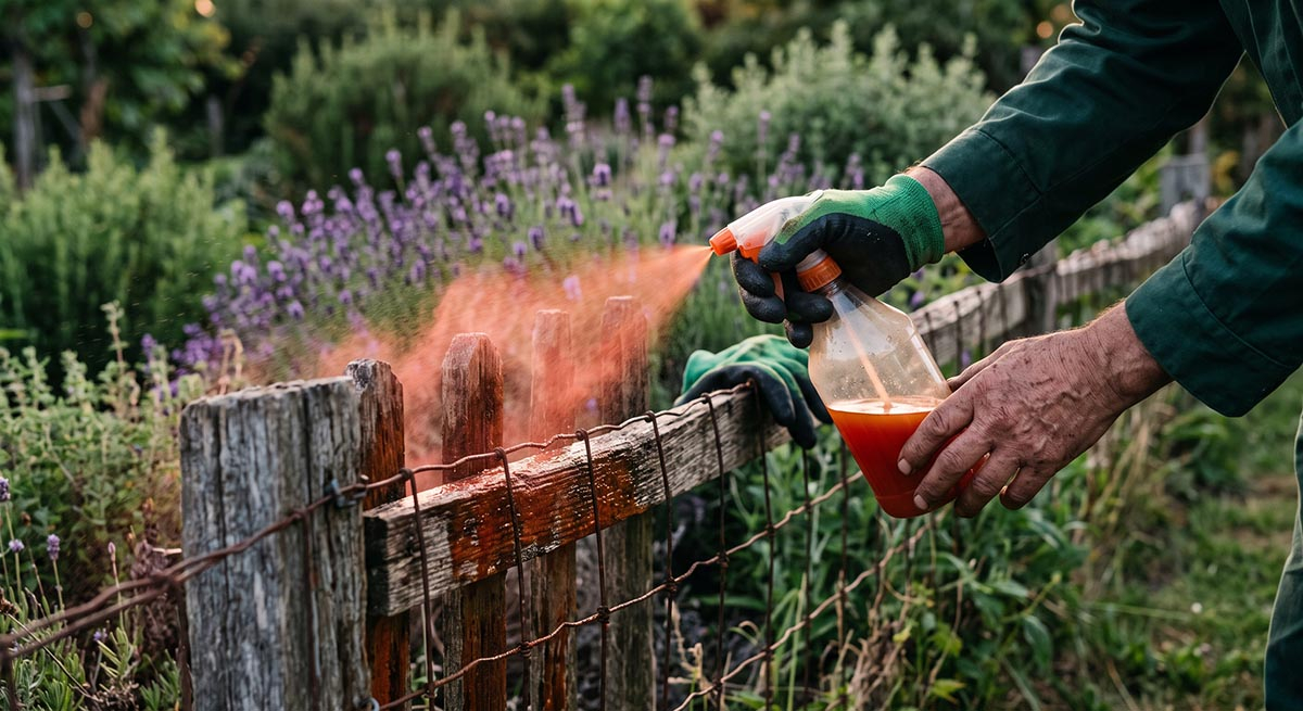 Stosowanie naturalnego repelentu na lisy na obrzeżach posesji Ogrodnik nanosi domowy spray odstraszający na bazie octu i chilli na drewniane słupki ogrodzenia
