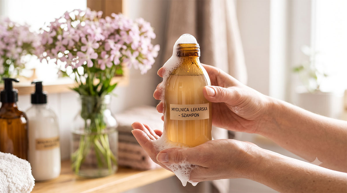 Naturalny szampon z korzenia mydlnicy lekarskiej DIY Pianka z domowego szamponu z korzenia mydlnicy lekarskiej w szklanej butelce