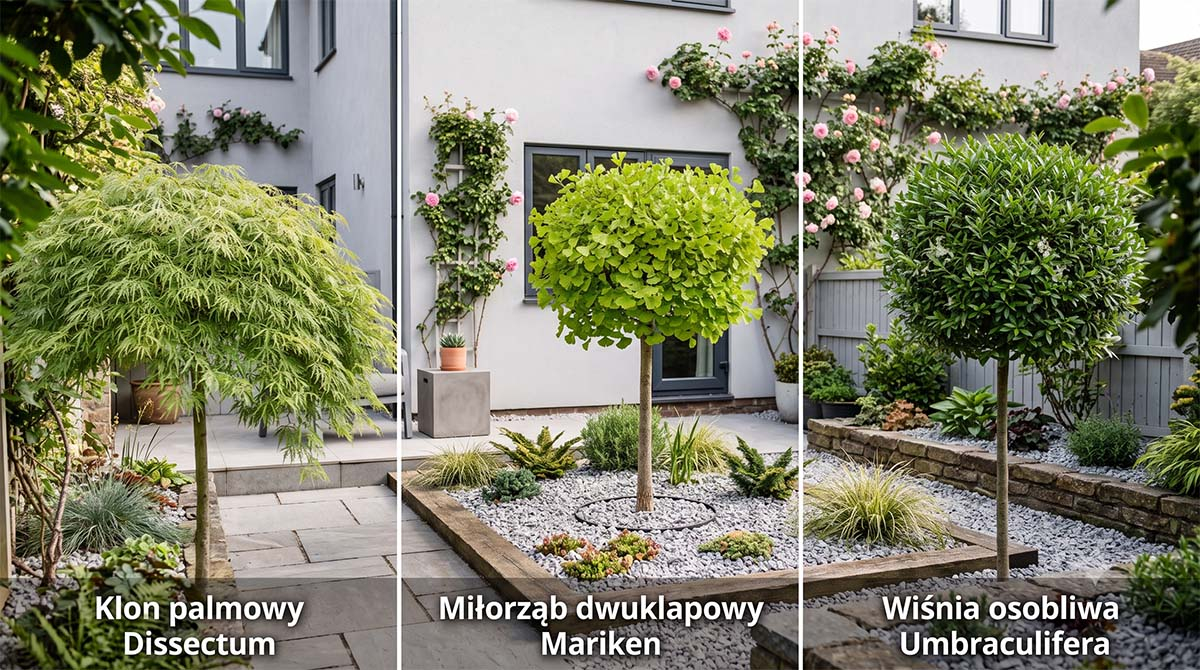 Zestawienie miniaturowych drzewek do małego ogrodu: klon palmowy Dissectum, miłorząb Mariken i wiśnia Umbraculifera Zdjęcie podzielone na trzy części przedstawiające miniaturowe drzewka ozdobne: po lewej klon palmowy Dissectum o zwisających zielonych liściach, w środku miłorząb dwuklapowy Mariken z kulistą koroną, a po prawej wiśnia osobliwa Umbraculifera z gęstą, okrągłą koroną na pniu. Wszystkie sekcje są podpisane nazwami gatunków.