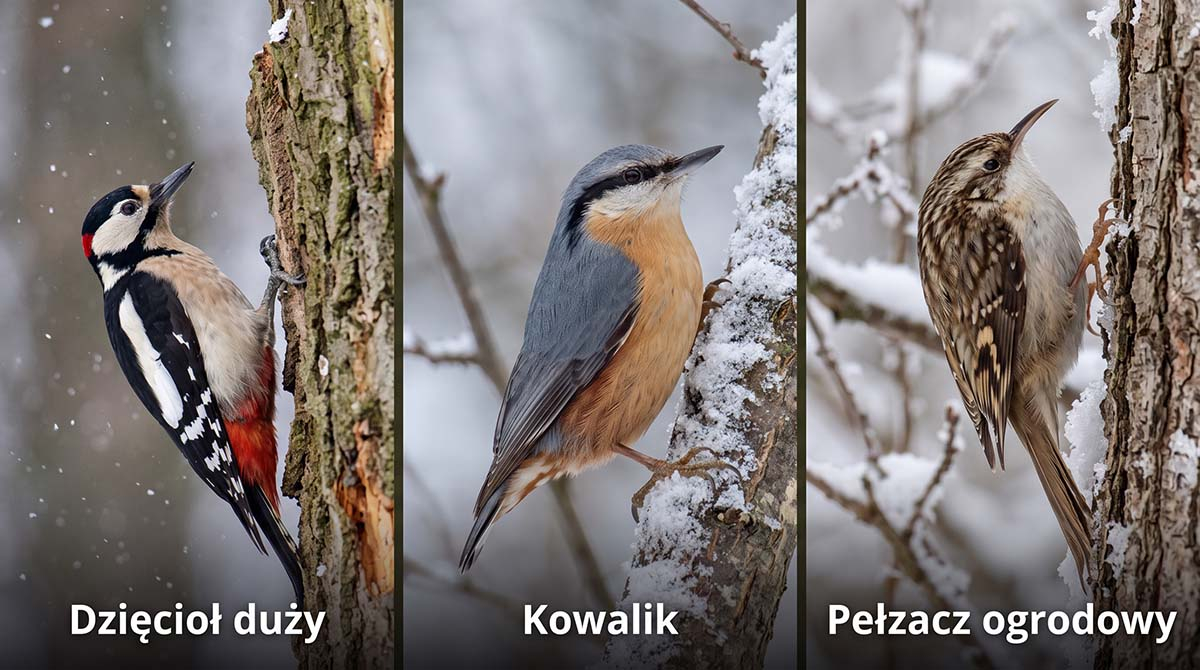 Ptaki nadrzewne w zimowym ogrodzie: dzięcioł duży, kowalik i pełzacz ogrodowy. Trzy ptaki wspinające się po pniach drzew zimą: dzięcioł duży na chropowatej korze, kowalik schodzący po zaśnieżonym pniu oraz maleńki pełzacz ogrodowy.