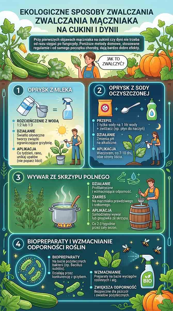 Ekologiczne zwalczanie mączniaka Infografika z ekologicznymi sposobami zwalczania mączniaka na cukinii