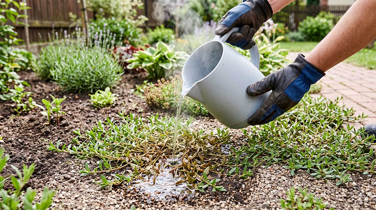 Ekologiczna metoda zwalczania rdestu ptasiego. Naturalny zabieg ekologicznego wypalania rdestu ptasiego gorącym roztworem.