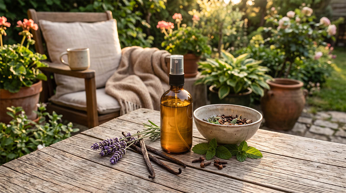 Domowy, naturalny sposób na komary i meszki: Spray waniliowy Buteleczka domowego sprayu z ekstraktem z wanilii na komary na drewnianym stole w ogrodzie wśród lasek wanilii i lawendy.