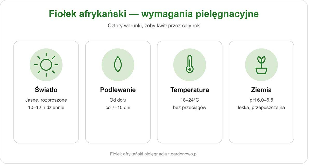 Wymagania fiołka afrykańskiego w pigułce Infografika z wymaganiami pielęgnacyjnymi fiołka afrykańskiego