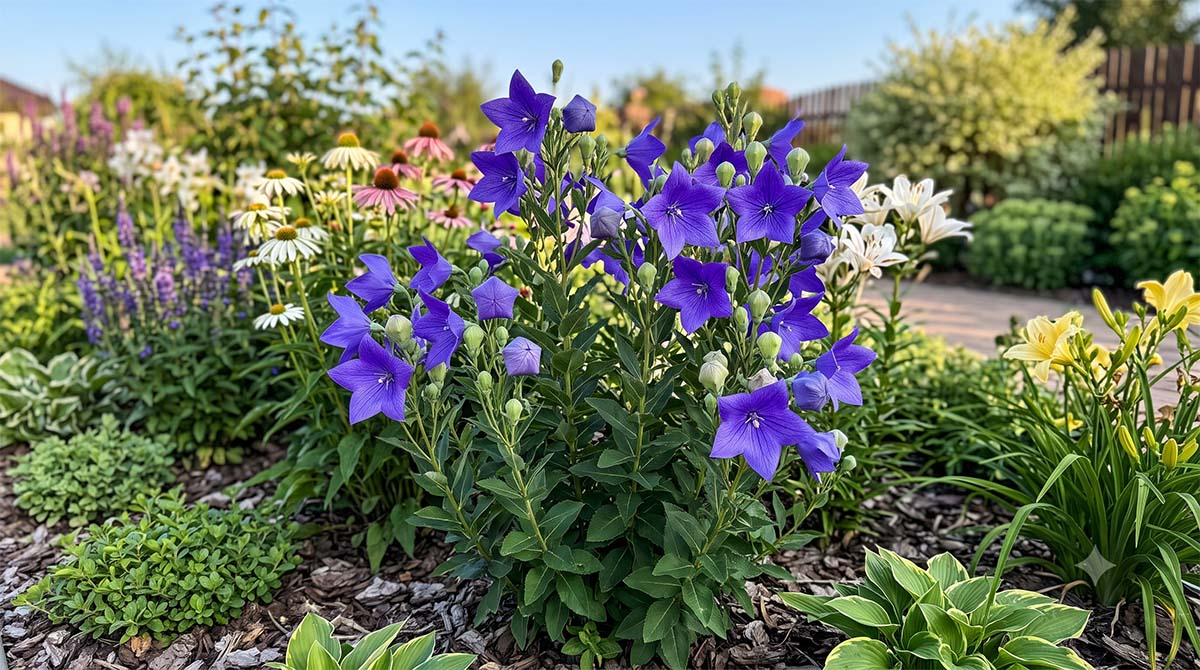 Rozwar wielkokwiatowy (Platycodon grandiflorus) w pełni kwitnienia Kępa fioletowego rozwaru wielkokwiatowego z pąkami na mulczowanej rabacie, w tle białe i różowe echinacee.