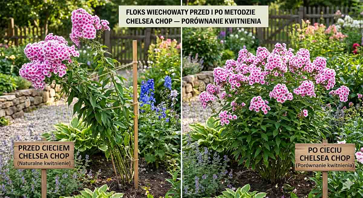 Floks wiechowaty po Chelsea chop - efekty cięcia Floks wiechowaty przed i po zastosowaniu metody Chelsea chop - porównanie kwitnienia