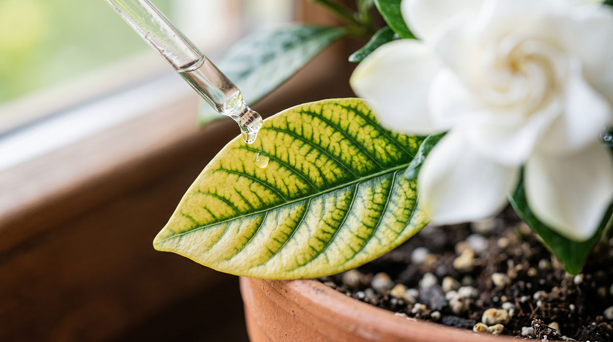 Dlaczego gardenia żółknie? Chloroza żelazowa. Makro zbliżenie na żółknący liść gardenii jaśminowatej z wyraźnymi zielonymi nerwami, ilustrujące objawy chlorozy żelazowej wywołanej twardą wodą, z kroplą roztworu zakwaszającego.