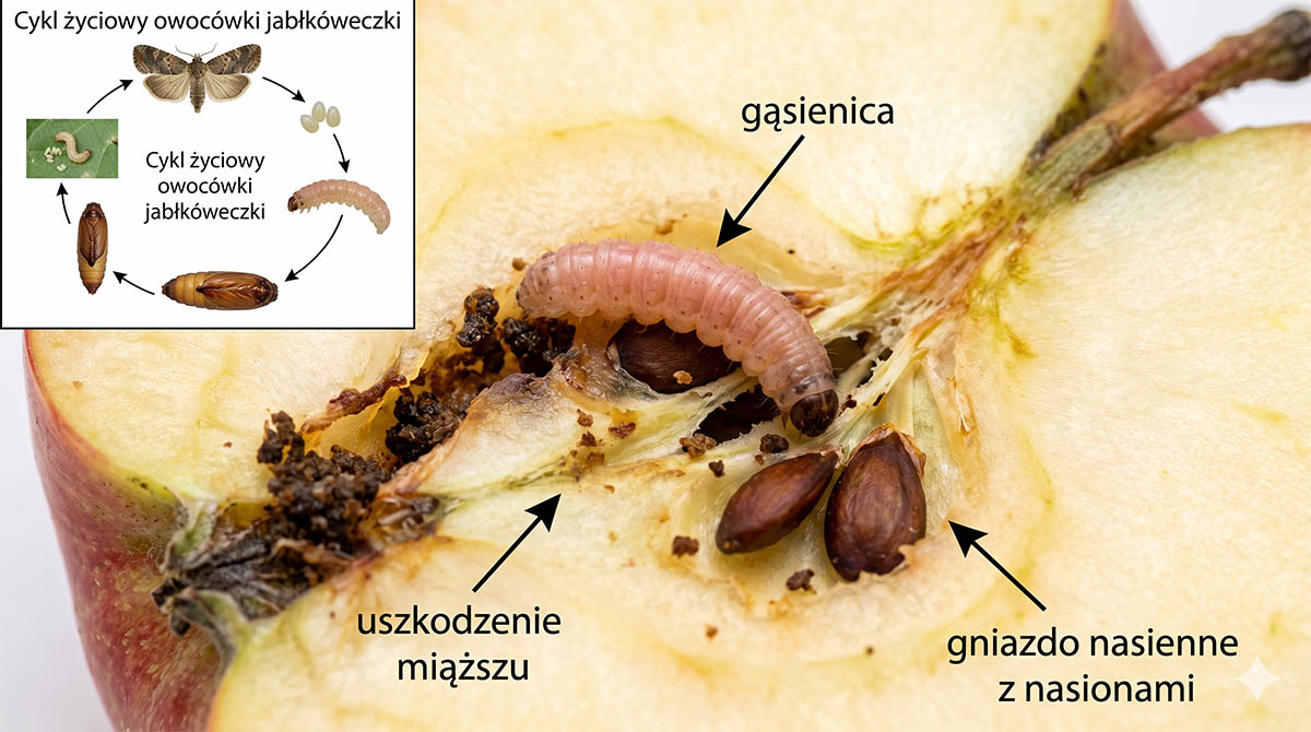 Cykl życiowy i żerowanie owocówki jabłkóweczki wewnątrz jabłka Zdjęcie makro przekrojonego jabłka z widoczną w środku różowawą gąsienicą owocówki jabłkóweczki. Gąsienica znajduje się obok gniazda nasiennego i ciemnych nasion. Widoczne są uszkodzenia miąższu i brunatne odchody. W lewym górnym rogu umieszczono infografikę przedstawiającą pełny cykl życiowy owada: od motyla, przez jaja, gąsienicę, aż po poczwarkę.