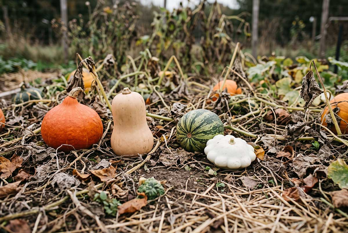 Różne gatunki dyń leżące razem w ogrodzie: hokkaido, butternut, patison i dynia ozdobna
