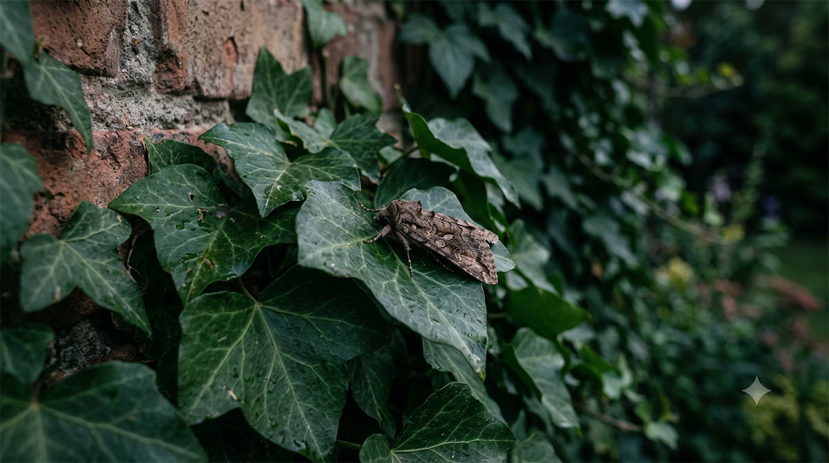 Nocne schronienie fruczaka gołąbka Owad fruczak gołąbek odpoczywający nocą w gęstych liściach bluszczu ogrodowego