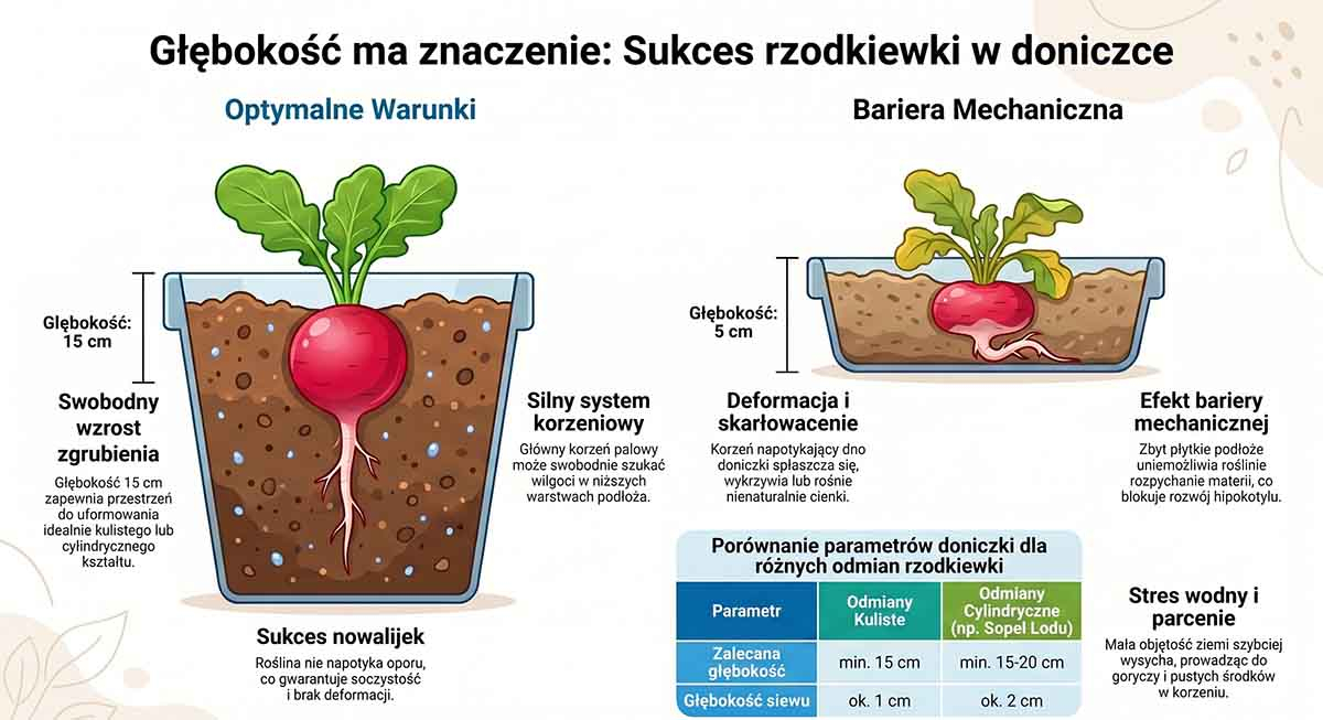 Schematyczny przekrój przez doniczkę pokazujący prawidłowo rozwiniętą rzodkiewkę w głębokiej ziemi (15 cm) oraz skarłowaciałą, płaską rzodkiewkę napotykającą dno w płytkiej doniczce (5 cm).