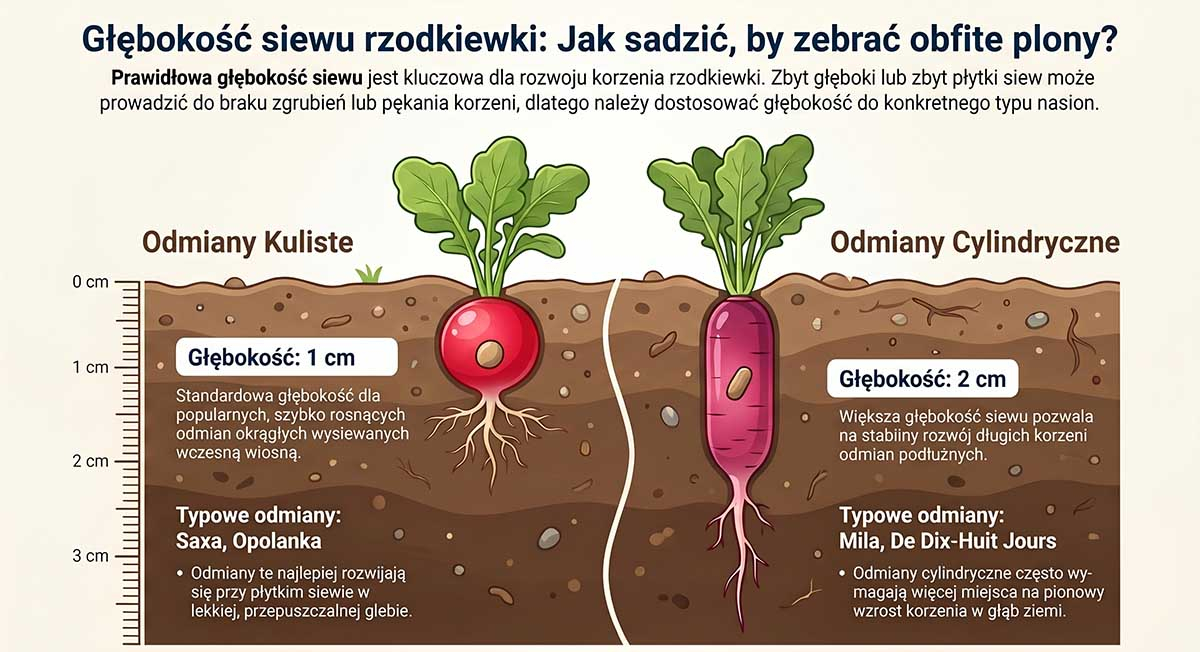 Prawidłowa głębokość siewu nasion rzodkiewki Przekrój przez ziemię pokazujący nasiono rzodkiewki okrągłej na głębokości 1 cm oraz nasiono rzodkiewki podłużnej posadzone na głębokości 2 cm.