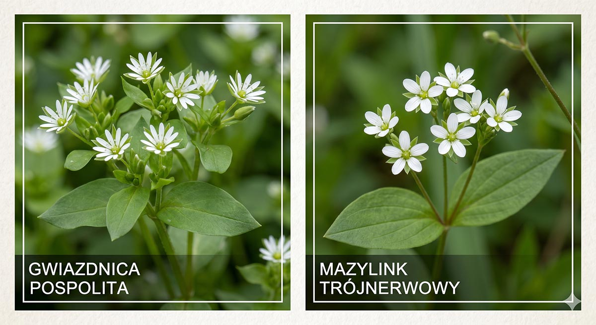 Porównanie wyglądu gwiazdnicy pospolitej i mazylinka trójnerwowego Kolaż botaniczny przedstawiający porównanie: po lewej makro zdjęcie kwitnącej gwiazdnicy pospolitej, po prawej mazylinek trójnerwowy z charakterystycznymi liśćmi.