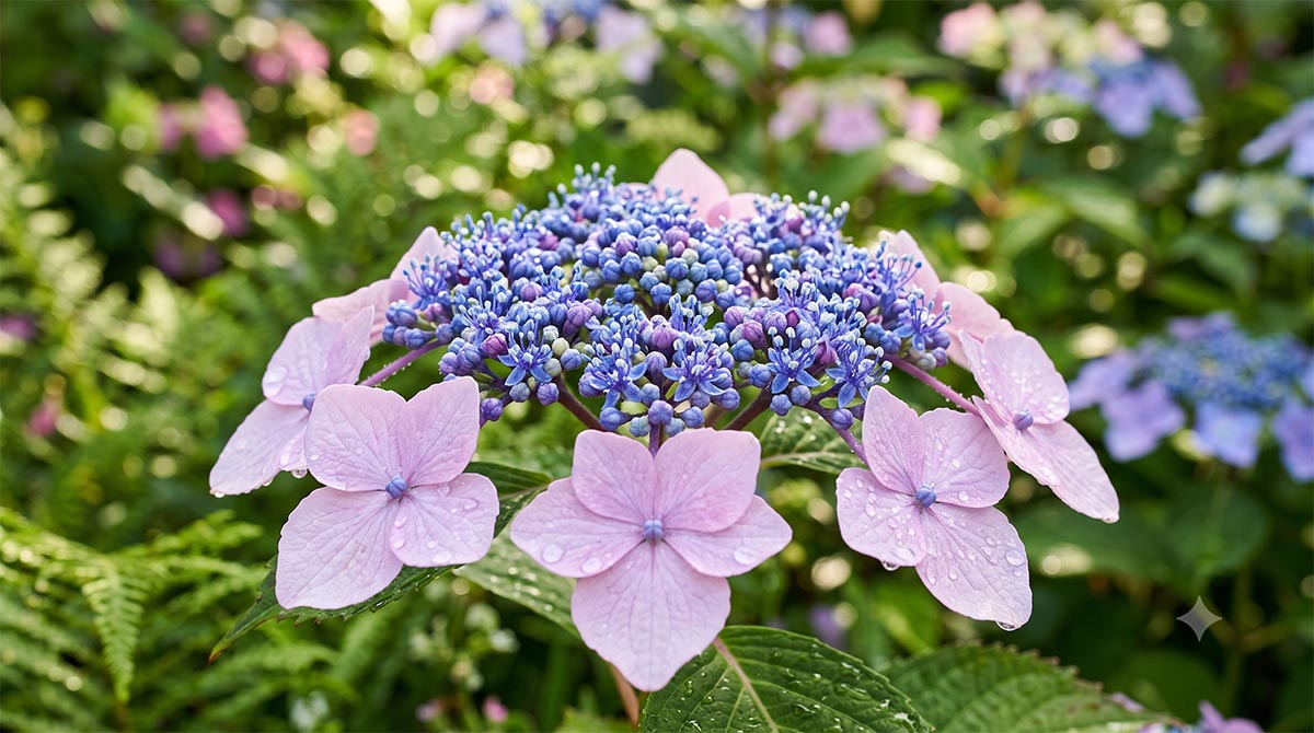 Hortensja piłkowana Bluebird - zbliżenie na kwiaty Niebiesko-fioletowe, koronkowe kwiatostany hortensji piłkowanej odmiany Bluebird w kroplach rosy