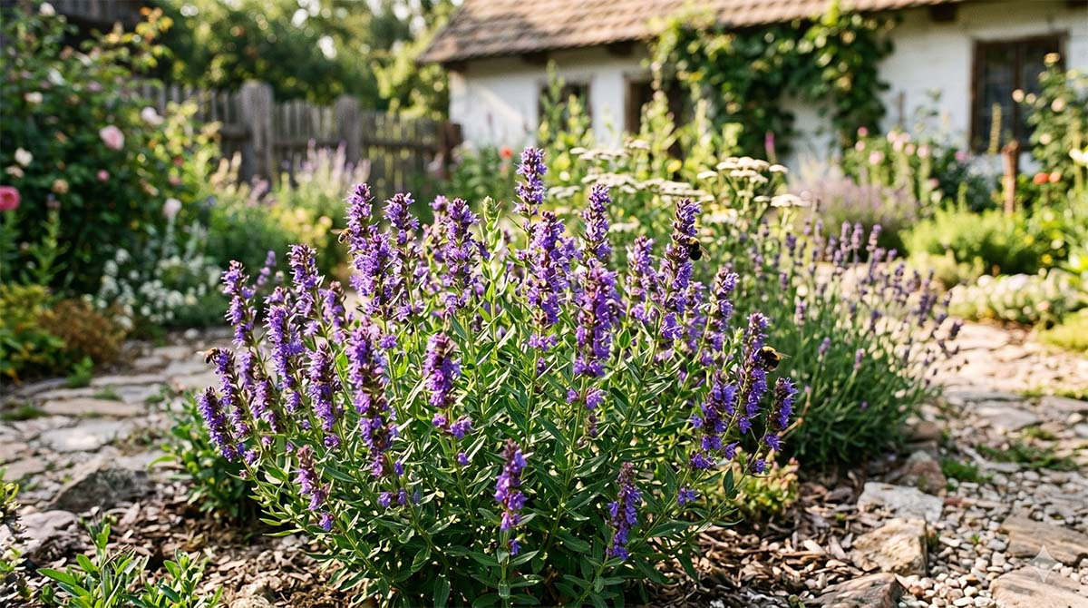 Kwitnący Hyzop Lekarski w ogrodzie Gardenowo - naturalne piękno dla zapylaczy. Bujnie kwitnący krzew hyzopu lekarskiego z fioletowymi kwiatami w sielskim ogrodzie, z pszczołami na kwiatach. W tle widoczny tradycyjny biały dom.