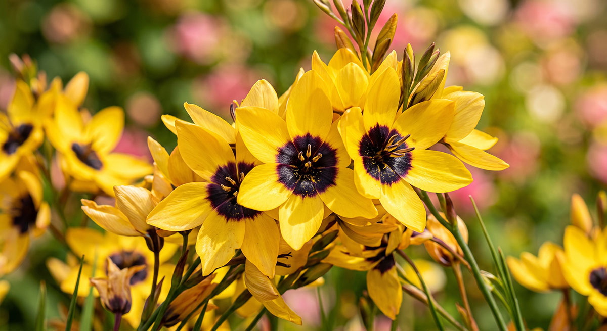 Egzotyczne kwiaty iksji plamistej z ciemnym oczkiem Zbliżenie makro na żółto-pomarańczowe kwiaty iksji plamistej (Ixia maculata) z wyraźnym, ciemnym środkiem w słonecznym ogrodzie.