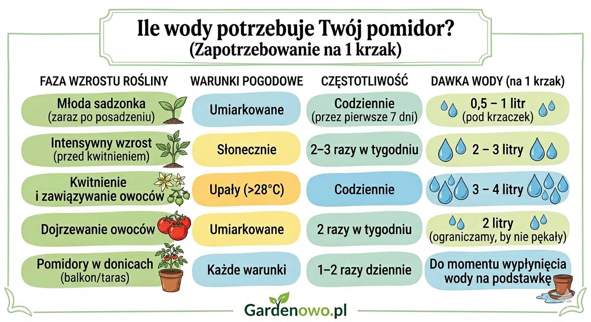 ile wody potrzebuje twój pomidor tabela harmonogram Gardenowo ile wody potrzebuje twój pomidor tabela harmonogram pokazuje fazę wzrostu pomidora , warunki pogodowe, częstotliwość oraz ilość podlewania Gardenowo