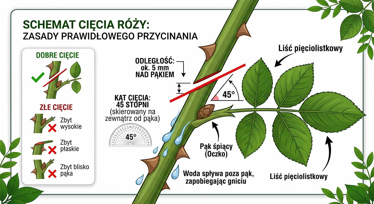 schemat cięcia róży - 5 mm nad pąkiem, kąt 45 stopni, liść pięciolistkowy
