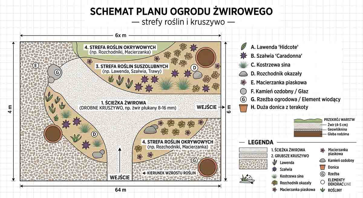 Schemat planu ogrodu żwirowego &mdash; strefy roślin i kruszywo